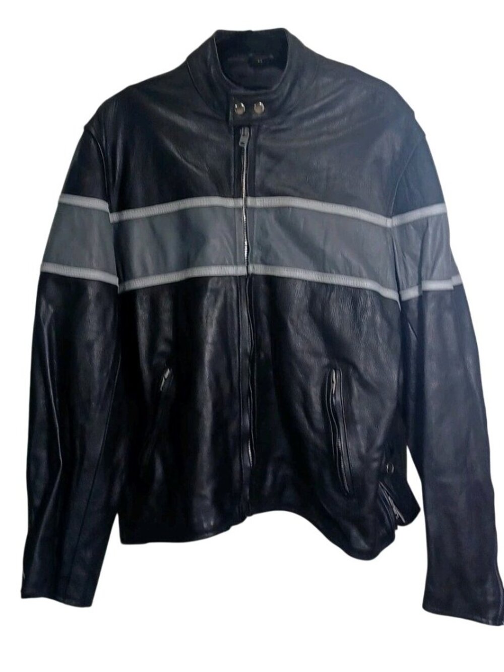 Men's 46 Vintage Hot Leathers Black Gray Striped Motorcycle Biker Bomber Jacket